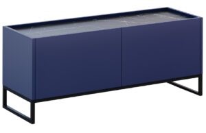 Modrý lakovaný TV stolek Windsor & Co Helene 120 x 40 cm s mramorovým dekorem