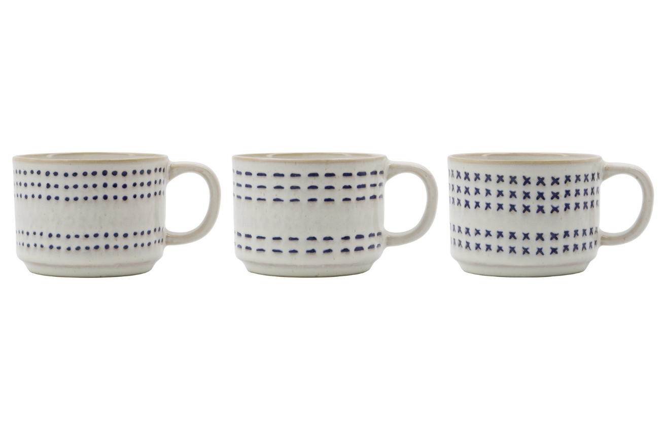 House Doctor Set tří bílo-modrých kameninových hrnků Stitch 250 ml