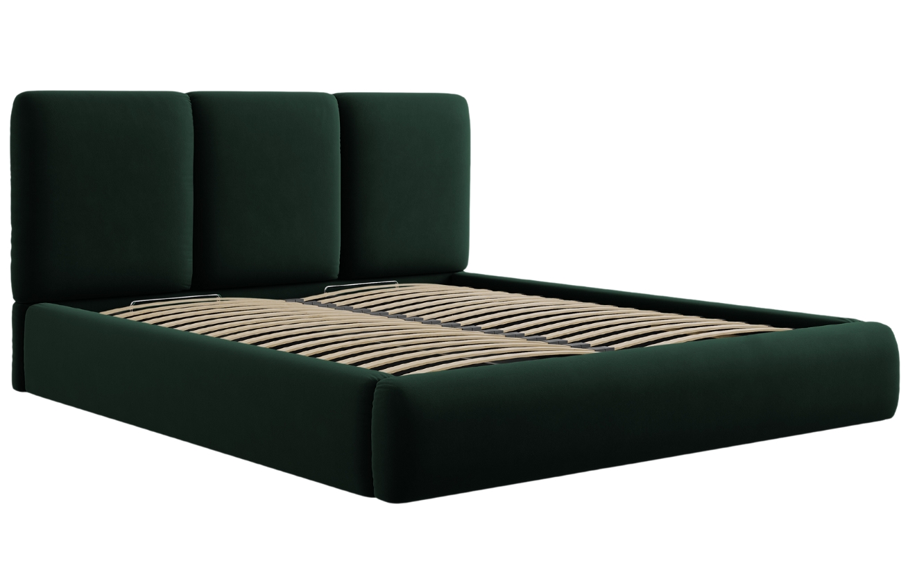Windsor & Co Lahvově zelená sametová dvoulůžková postel Horizon 200 x 200 cm s úložným prostorem